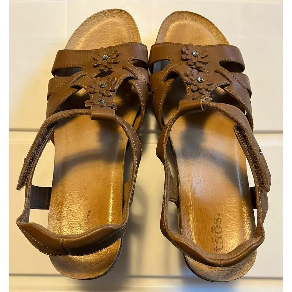 Taos Passion Flowers Leather Cork Wedge Sandals In Brown Womens Size 10 T-strap - Picture 3 of 14